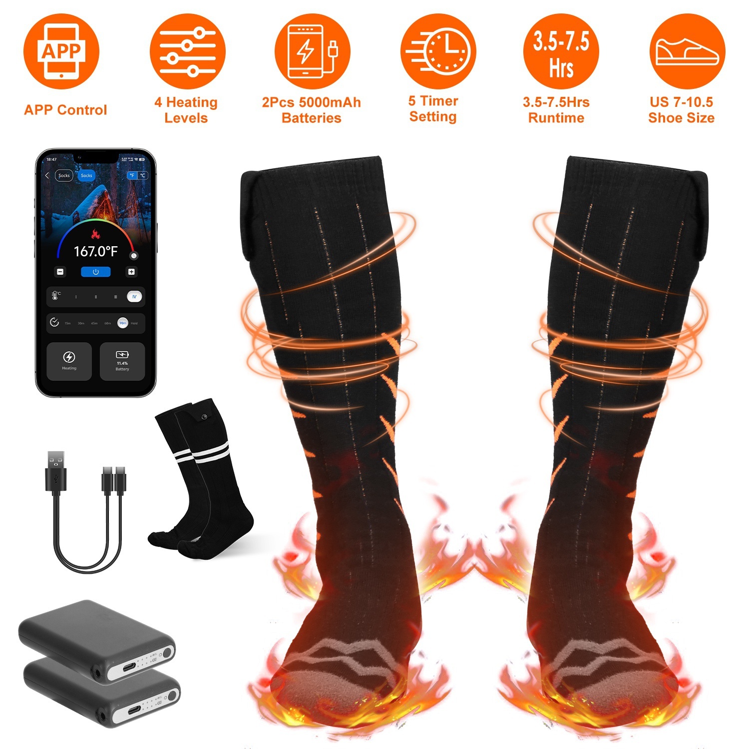 APP-Controlled Heated Socks – Rechargeable 5000mAh Electric Thermal Socks for Men & Women, 4 Heat Levels, Winter Warm Socks for Skiing, Hiking, Hunting - Image 10