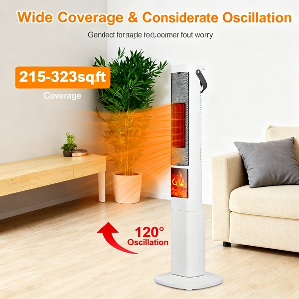 1500W Oscillating Space Heater with 3D Flame | Fast Heating, Remote Control, Tip-Over & Overheat Protection - Image 3