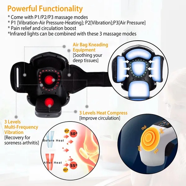 Electric Rechargeable Knee Massager Infrared Heat Pain Relief Therapy Knee Brace Wrap With Air Pressure Kneading Timer Temperature Adjustment - Image 3