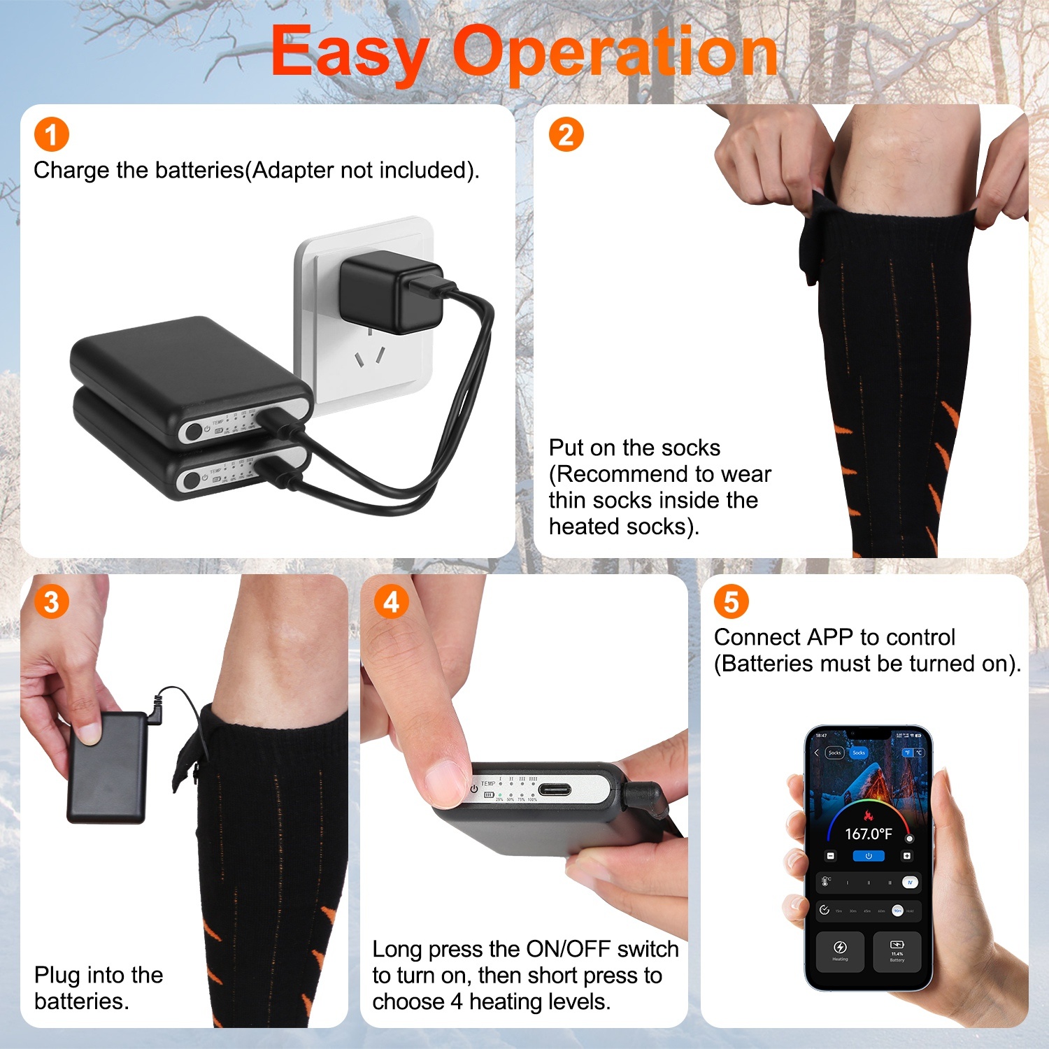 APP-Controlled Heated Socks – Rechargeable 5000mAh Electric Thermal Socks for Men & Women, 4 Heat Levels, Winter Warm Socks for Skiing, Hiking, Hunting - Image 6