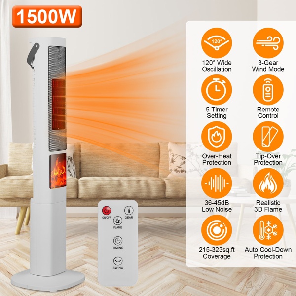 1500W Oscillating Space Heater with 3D Flame | Fast Heating, Remote Control, Tip-Over & Overheat Protection