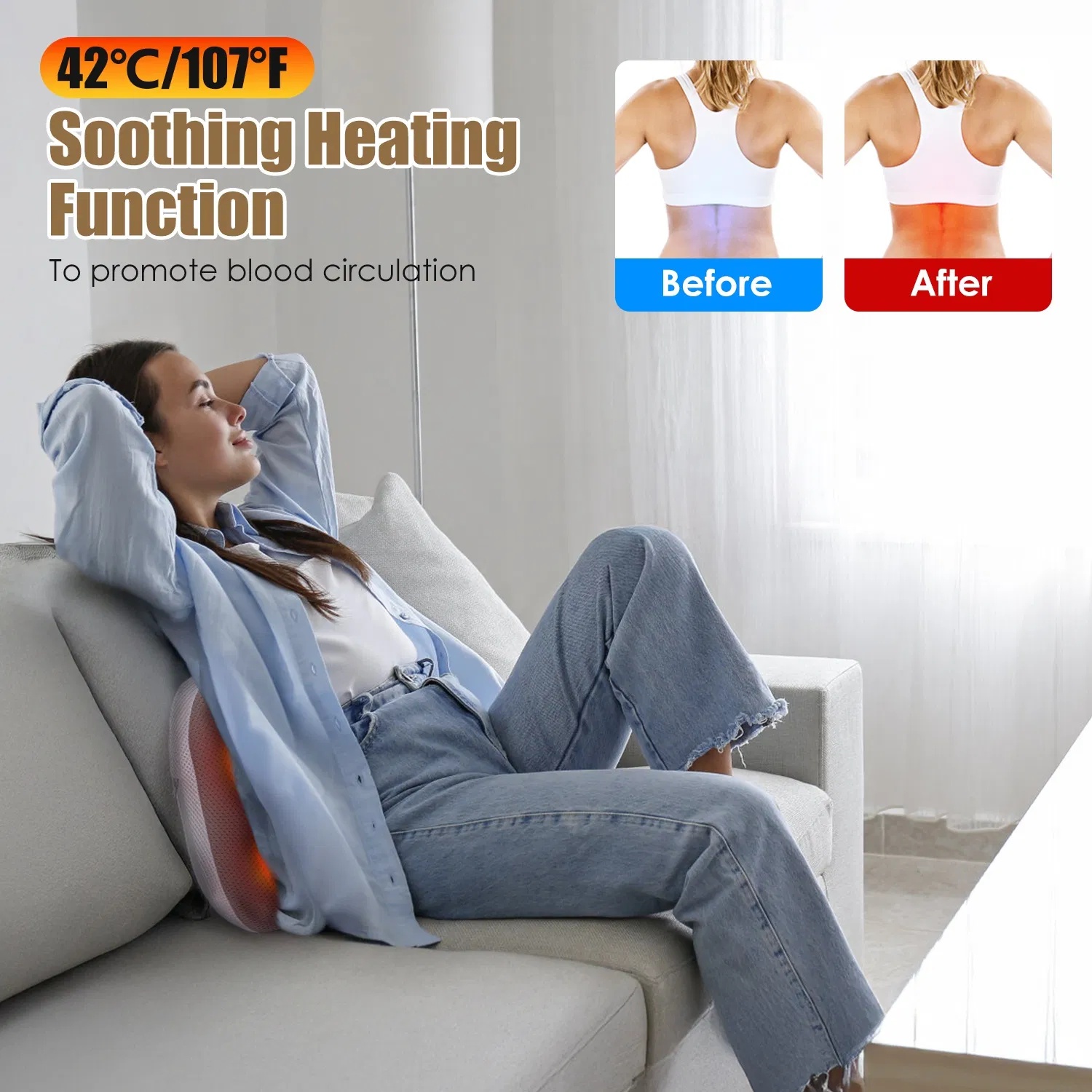 Shiatsu Back And Waist Massager With Heat Cordless Rechargeable Kneading Lower Back Massage Pillow Portable Lumbar Massager For Home Car Office - Image 3